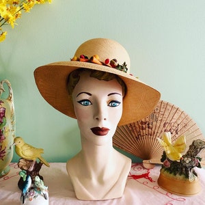 50s cappello di paglia, 40s cappello di paglia, cappello di paglia vegetale, cappello di Panama, Columbia Hat, cappello di paglia dell'annata, Therese Ahrens Hat, cappello estivo tesa larga immagine 1