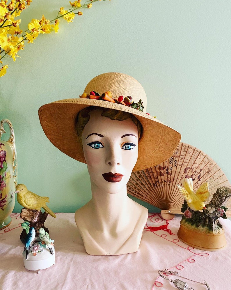 50s cappello di paglia, 40s cappello di paglia, cappello di paglia vegetale, cappello di Panama, Columbia Hat, cappello di paglia dell'annata, Therese Ahrens Hat, cappello estivo tesa larga immagine 1