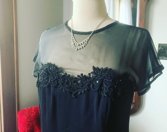 1990s Black Cocktail Dress, Vintage Little Black Dress, Size Medium Dress, Sweetheart Neckline, Illusion Sheer Yoke, 90s Formal Dress