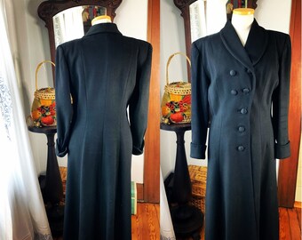 40s Black Princess Coat, 40s Black Full Length Power Coat, 40s Business Coat, Double Breasted, Size Medium To Large Coat, Vintage Coat