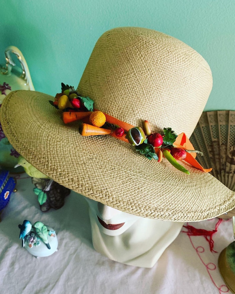 50s Straw Hat, 40s Straw Hat, Vegetable Straw Hat, Panama Hat, Columbia Hat, Vintage Straw Hat, Therese Ahrens Hat, Wide Brim Summer Hat image 4