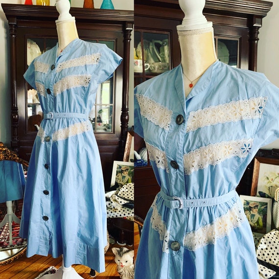 50s Carlye Blue Cotton Dress, Late 40s Carlye Dres