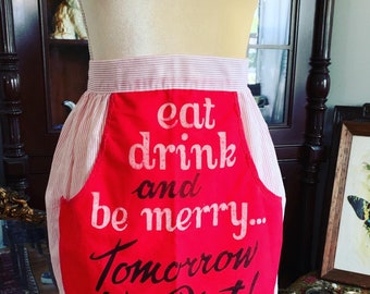 50s Eat Drink Be Merry Apron, 50s Proverbial Saying Apron, Vintage Pocket Apron, Vintage Red Apron, Striped Apron, 50s Kitschy Cute Apron
