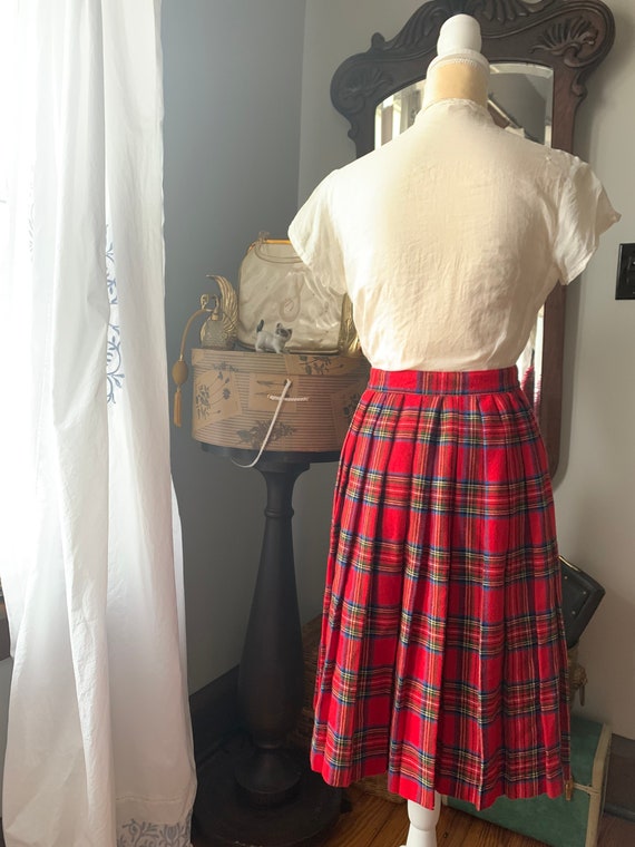 Vintage Red Wool Plaid Skirt, Fringe Trim Red Pla… - image 3