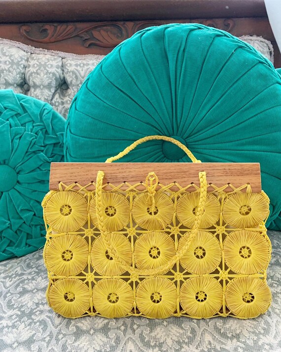 Vintage Raffia Handbag, Vintage Pineapple Slice Pu