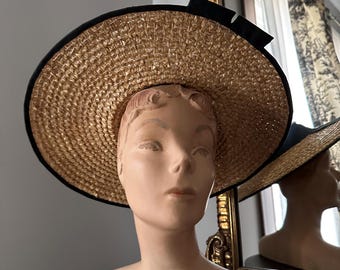 Cappello di paglia vintage a tesa larga, famoso cappello Barr disegnato da Doris, cappello a tesa larga, cappello di paglia anni '40, cappello raro, cappello estivo, cappello antico