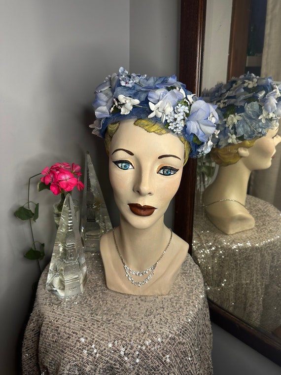 Vintage Blue Floral Hat, 1950s Blue Flower Hat, Vi