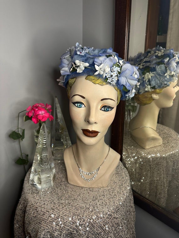 Vintage Blue Floral Hat, 1950s Blue Flower Hat, Vinta… Gem