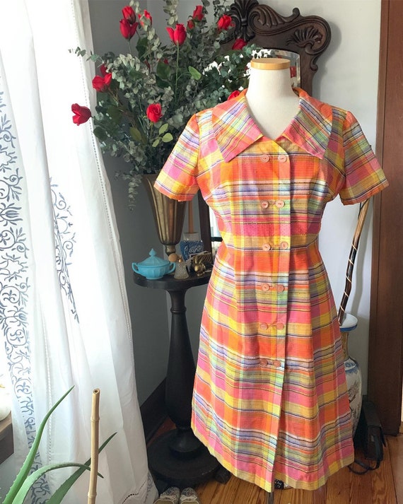 50s Orange Pink Striped Dress, Vintage 60s Dress, 