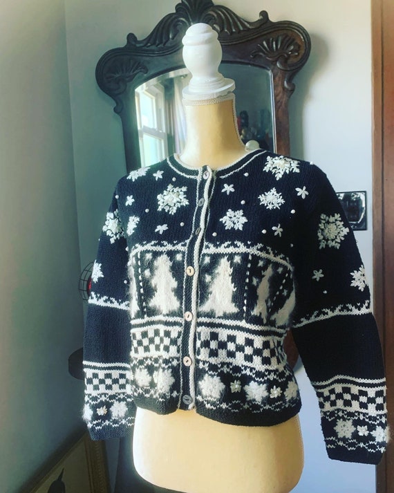 Vintage Winter Cardigan, Pine Tree Cardigan, Size… - image 1