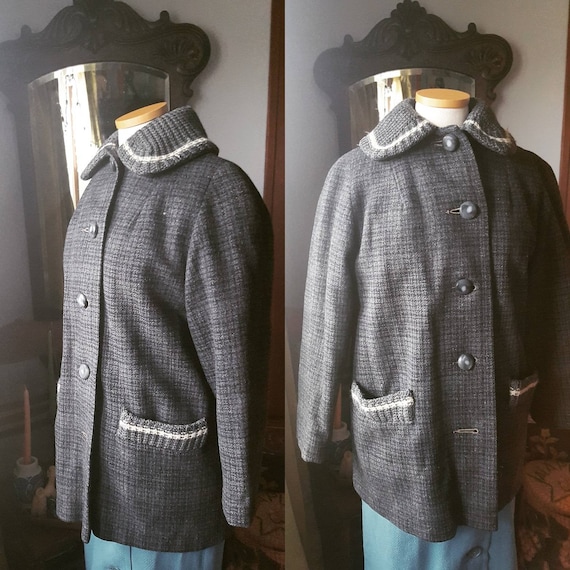 50s Grey Wool Plaid Coat, 1950s Grey Wool Coat, 40
