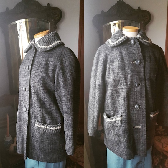 50s Grey Wool Plaid Coat, 1950s Grey Wool Coat, 4… - image 1