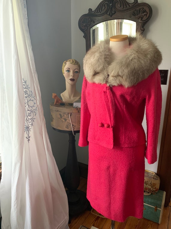 Lilli Ann Pink Boucle Fox Fur Collar Suit, 1960s … - image 3