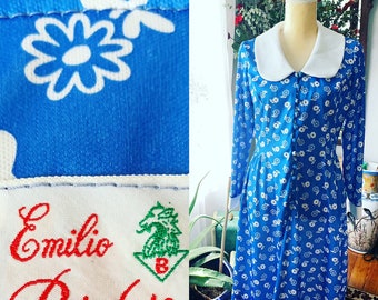 Vintage Blue Dress, 60s Emilio Borghese Dress, Vintage Designer Dress, Blue Flower Print Dress, Size Medium Dress, Long Sleeves Dress, Retro