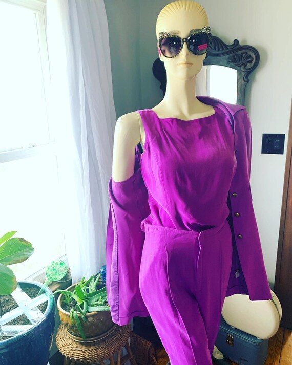 1990s Purple Silk Suit Set, 90s Purple Silk Pants 