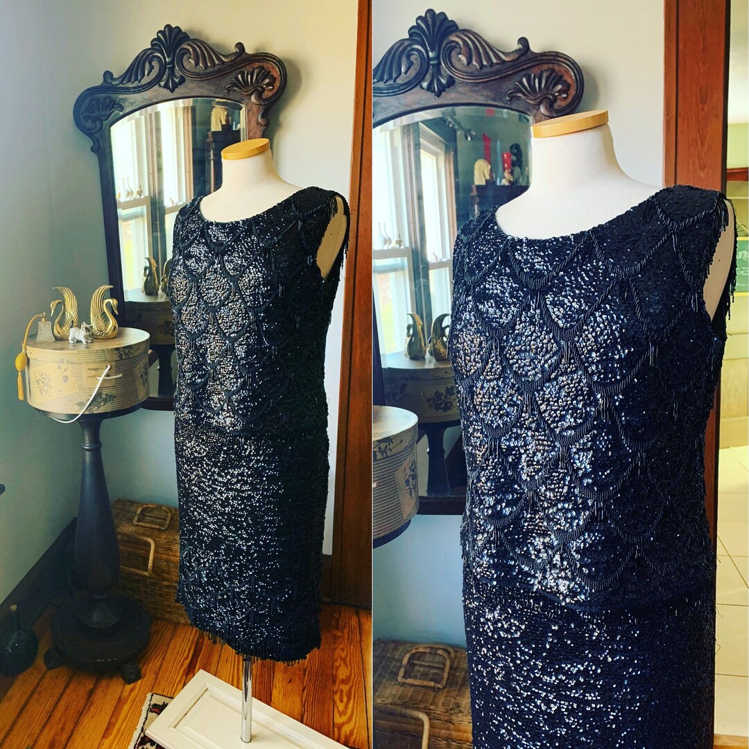 Vintage Sequined Knit Dress Hand Beaded Knit Dress Hand Etsy