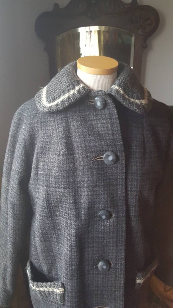 50s Grey Wool Plaid Coat, 1950s Grey Wool Coat, 4… - image 3