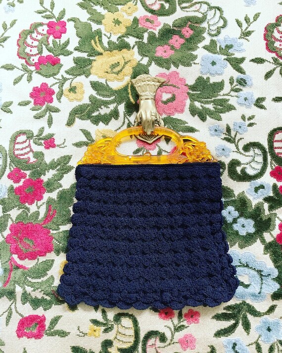 40s Blue Lucite Handle Purse, 40s Crochet Handbag… - image 4