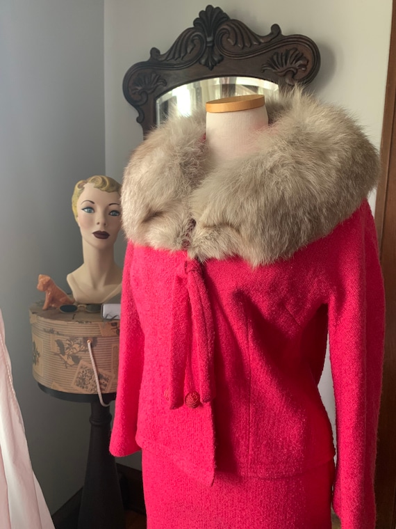 Lilli Ann Pink Boucle Fox Fur Collar Suit, 1960s … - image 2