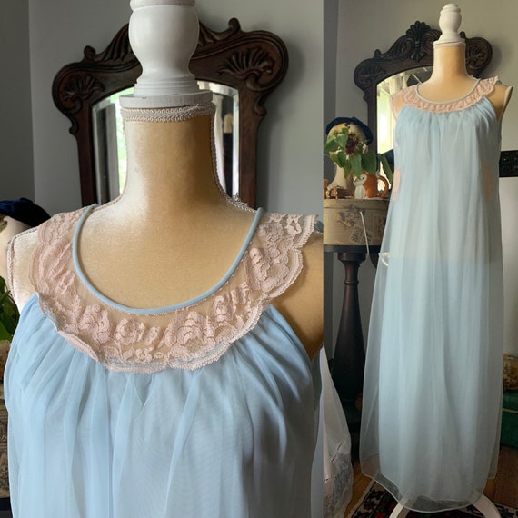 1960s Blue Nylon Nightie, 50s Blue Nylon Nightgown