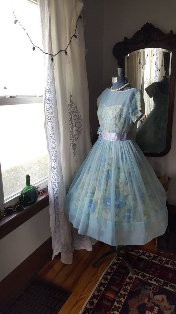 50s 50's 1950s Blue Chiffon Rose Print Dress Swee… - image 3