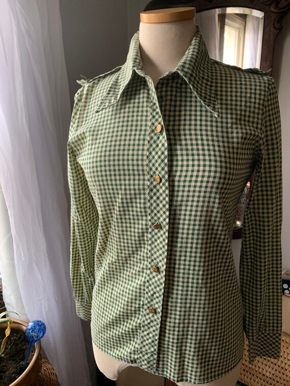 1970s Green Blouse, 70s Green Plaid Shirt, 70s Gr… - image 10