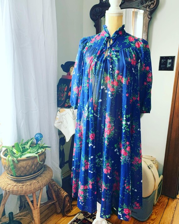 Vintage Blue Tent Dress, 1970s Blue Floral Dress,… - image 1