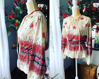 60s Boho Blouse, 70s Boho Shirt, Vintage Rose Shirt, Bavarian Inspired, Hippie Blouse, Vintage Shirt, Size Small, Size Medium