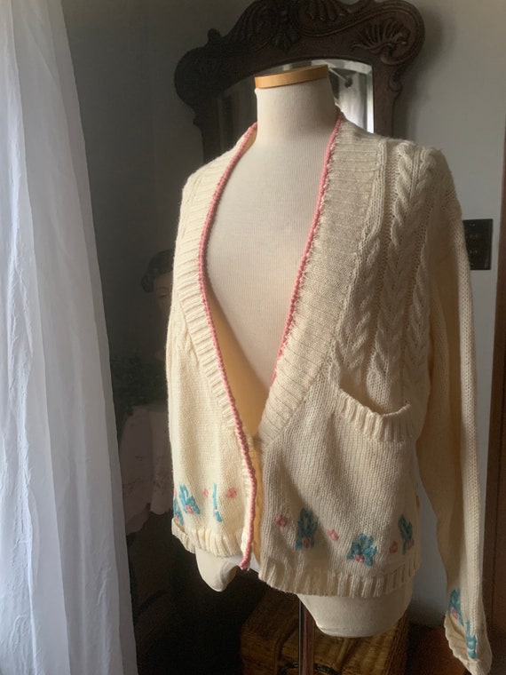 Vintage Ivory Wool Cardigan, 80s Wool Embroidered 