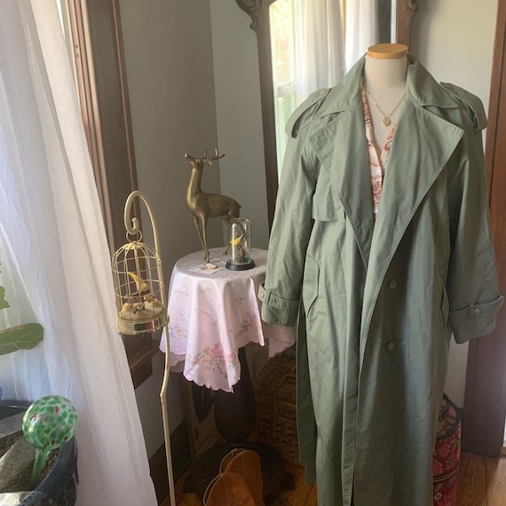 80s Green Khaki Trench Coat, 90s Full Length Tren… - image 5