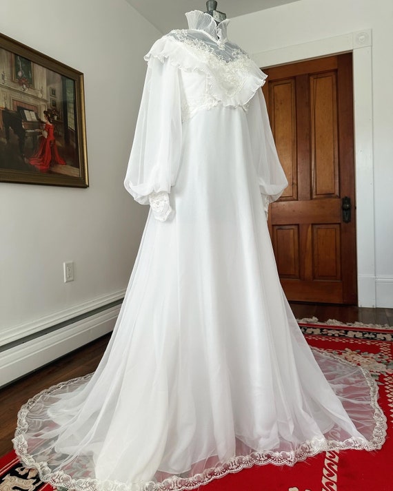 HOUSE of BIANCHI, vintage 1970s wedding dress, romantic boho white silk satin poet sleeve bridal gown