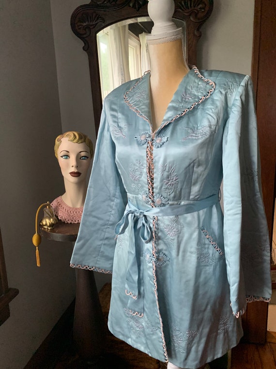 40s Blue Silk Embroidered Crane Robe, 40s Blue As… - image 10