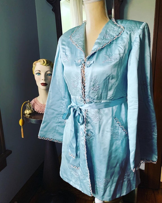 40s Blue Silk Embroidered Crane Robe, 40s Blue As… - image 9