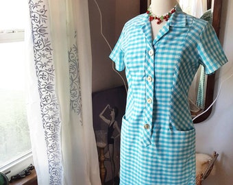 50s Vintage Dress, Blue Gingham Dress, Shift Day Dress, Cotton Summer Dress, Size Small to Medium, Rockabilly Pinup, Size Medium, Retro