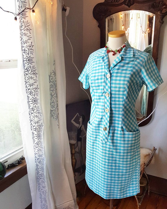 50s Vintage Dress, Blue Gingham Dress, Shift Day D