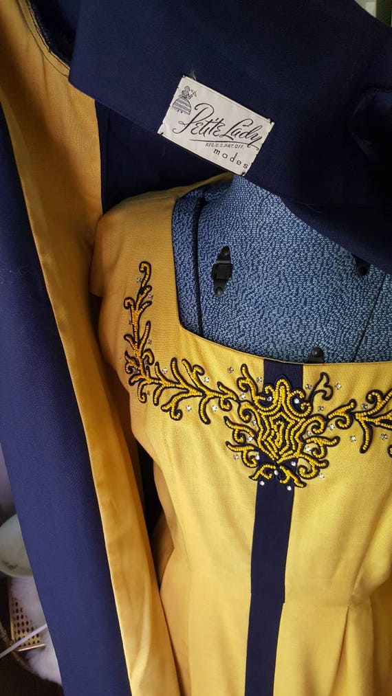 40s Vintage Yellow Navy Blue Dress Set, 50s Linen… - image 2