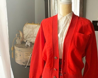 50s Red Rugby Cardigan, Vintage Red Men’s Cardigan, 40s Red Cardigan Sweater, Vintage Red Wool Cardigan, Size Large Red Sweater, Sportswear