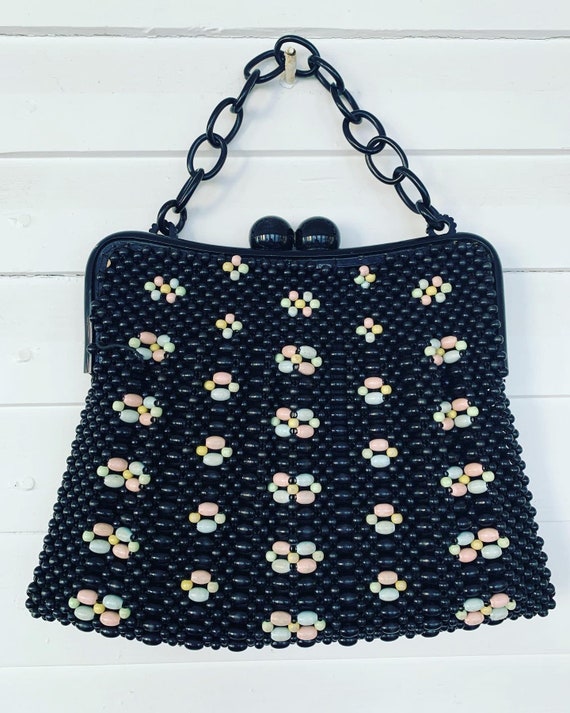 40s Black Beaded Handbag, 40s Plastic Beaded Purse
