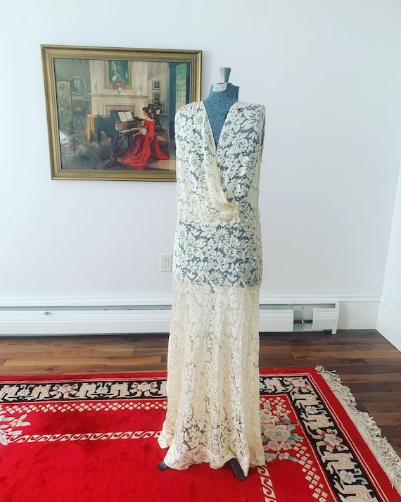 1930s Ivory Lace Wedding Dress, 1920s Ecru Silk L… - image 8