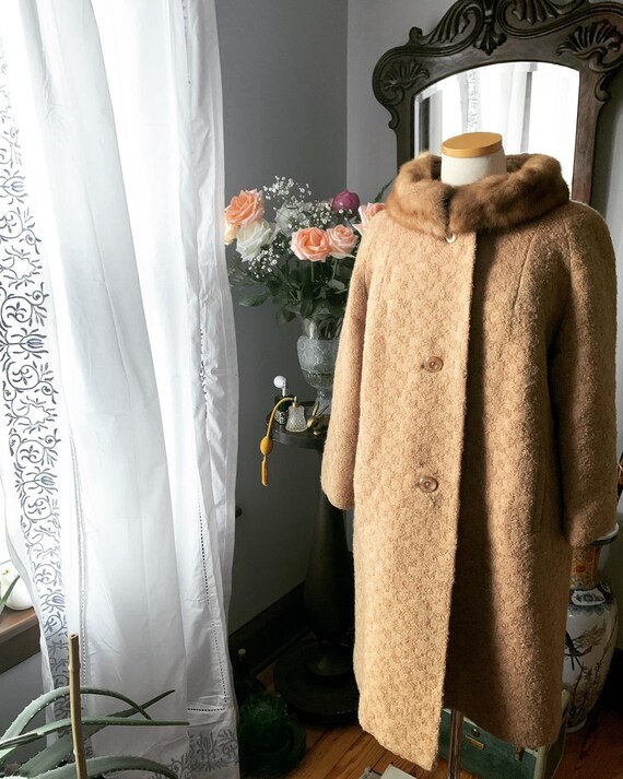 60s Camel Box Coat, Tan Vintage Box Coat, Mink Col