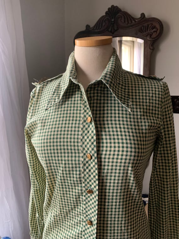 1970s Green Blouse, 70s Green Plaid Shirt, 70s Gr… - image 1