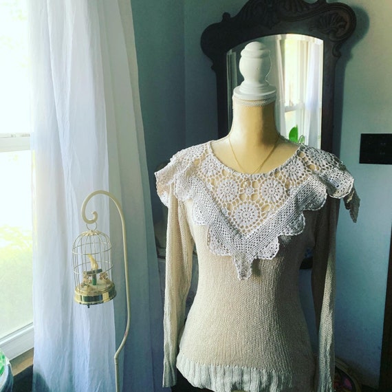 Vintage Cottagecore Sweater, Ivory Crochet Sweate… - image 10