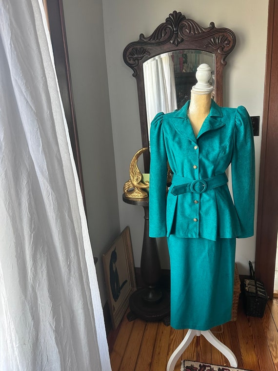 80s Teal Green Business Suit, 1980s Sabino Micros… - image 6