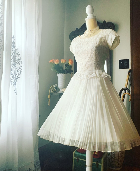 50s White Chiffon Dress, 50s Full Skirt Dress, 50s