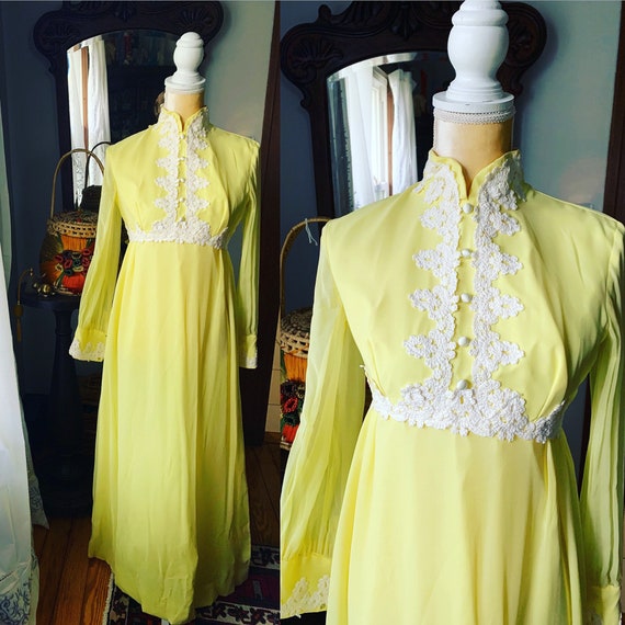 60s Yellow Chiffon Embroidered Dress, Vintage Boho