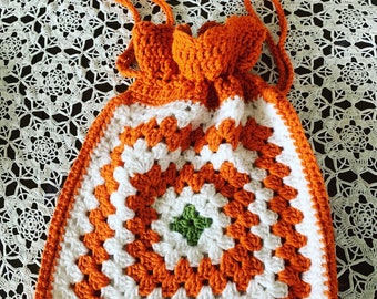 Vintage Crochet Purse, 70s Granny Square Hobo Bag, 70s Orange Purse, Vintage Handmade Purse, Crochet Purse