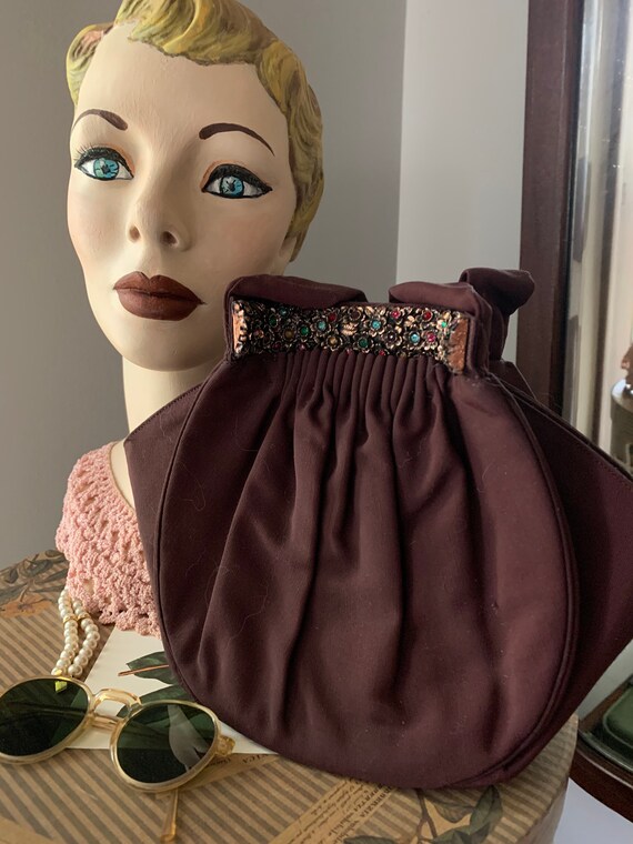 1940s Beaded Handbag, Brown Grosgrain Taffeta Pur… - image 8