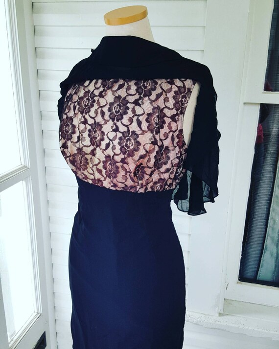 50s 1960s Black Chiffon Dress, Vintage Cape Dress,