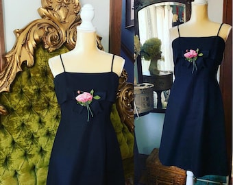50s Black 3D Rose Dress, Vintage Black Cocktail Dress, Arkay Dress, 1950s LBD Dress, Size Small Black Dress, Spaghetti Straps, Summer Dress