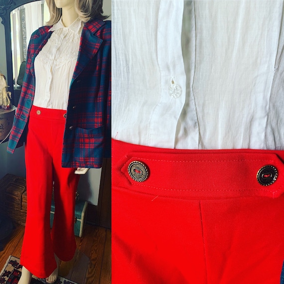 70s Red Knit Sailor Pants, 70s Red Nautical Pants,
